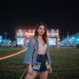 a young woman in high rise jean shorts stands outdoors