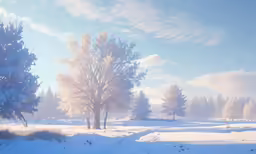 the sun shining through the trees and snow