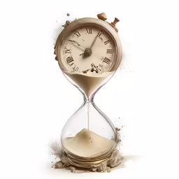 a clock in the sand, with a white background