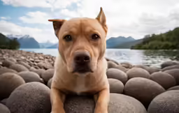 dog resting on rock by water and mountains
