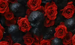 close up of black apples and red roses