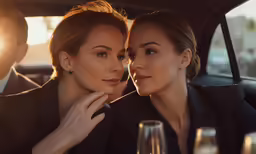 two beautiful women sitting at the back of a car