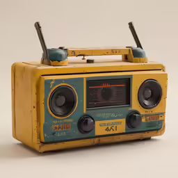 a yellow radio with black dials sits on a table