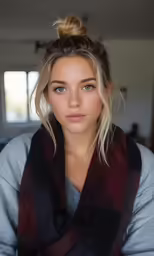a woman wearing a scarf over her shoulders