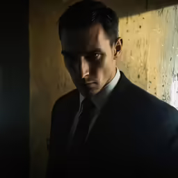 a man in a suit is staring into the camera