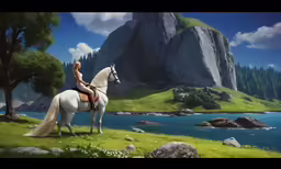 a girl riding a white horse in front of a mountain