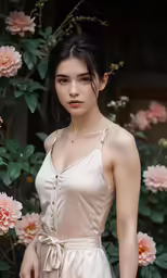 a young girl is posing in front of flowers
