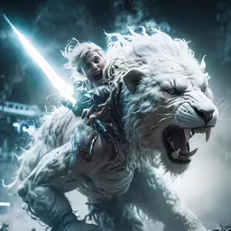a woman riding on top of a white tiger