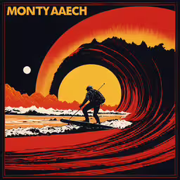 a man standing in front of a giant wave,a man surfing the giant waves of a sunset