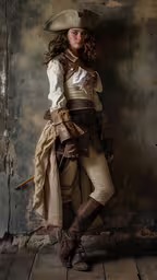 a girl dressed in medieval clothing poses for a photograph,the young girl in a pirate costume has long hair and a very large hat