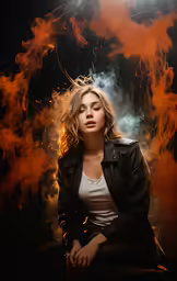 a young blond woman is in an orange smoke filled photo