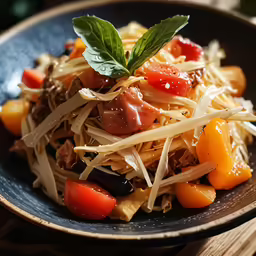 a bowl of food is on a wood table