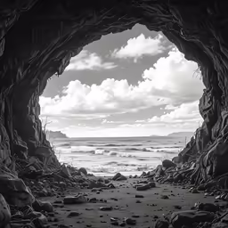 a black and white photo of a rocky beach