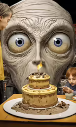 an image of a little boy sitting in front of a giant alien head cake