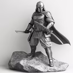 a statue in black and white of a knight