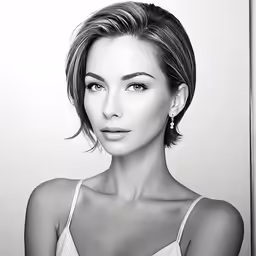 a woman with very short hair and bright eyes wearing bra