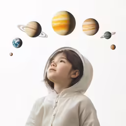 an image of a child looking up at planets