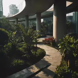 an open walkway near a building with a large window