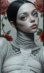 a woman with large blue eyes and an artificial body