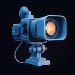 a large blue video camera on a tripod