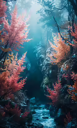an image of trees and water in the forest