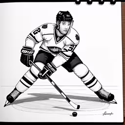 a drawing of a hockey player with a hockey stick,a pencil drawing of a hockey player skating