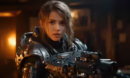 a woman in a suit and helmet holding a gun