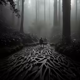 two people sitting on a bench looking at an abstract trail in the forest