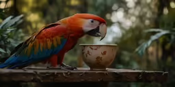 a colorful bird sitting next to a small bowl
