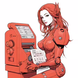 a woman with very large breast sitting next to a machine