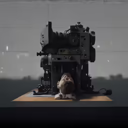 a statue of a person under a mechanical machine
