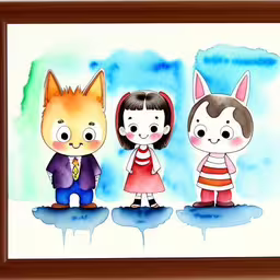 a drawing of three little kids standing next to a cat,this is an image of three children and a cat,a cartoon painting with a cat and two little kids,three cartoon kids with different animal faces standing in front of an image,three little boys standing in front of a cute cat