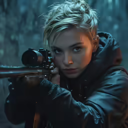 a woman with a gun in the forest