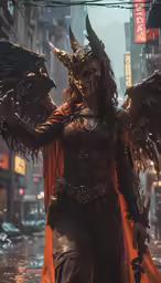 woman in costume with large horn head wings
