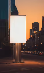 a tall billboard with a big white square at night