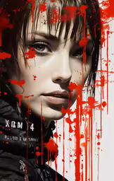 a woman with bangs and black eyeliners, wearing red paint on her face