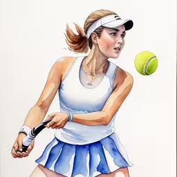 a woman in a tennis skirt about to hit a ball with her racket,a painting of a woman in a tennis outfit,watercolor drawing of a female tennis player,a drawing of a female tennis player in the process of hitting a ball with her racket,a woman in white shirt and blue skirt playing tennis