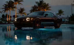 a car is parked near some palm trees