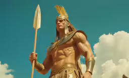 a muscular man dressed up in roman armor holding a spear and wearing a helmet