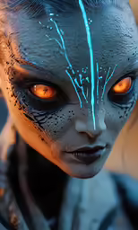 an alien character with blue paint on her face
