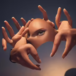 hands holding a human head with a blue background