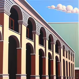 a painting of an empty outdoor court yard,this is a close up image of arches and pillars on an outdoor building