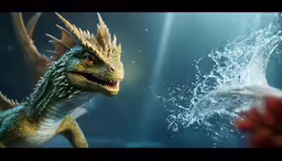 a man is touching a dragon with water coming out of it