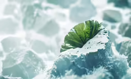a green leaf is floating on top of rocks