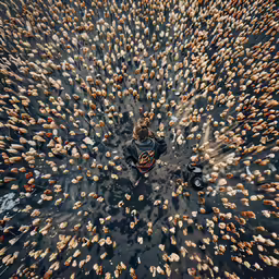 an aerial view of a herd of birds feeding on a river