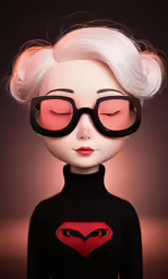 a doll wearing a black dress and red glasses