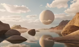 several large stones near water in a surreal landscape