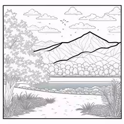 a landscape that is very detailed with some trees,coloring pages with a mountain scene and stream