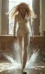 a woman wearing all white is standing in a spray filled space