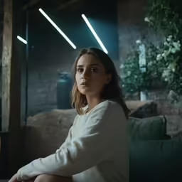 a girl is sitting down and staring directly at the camera